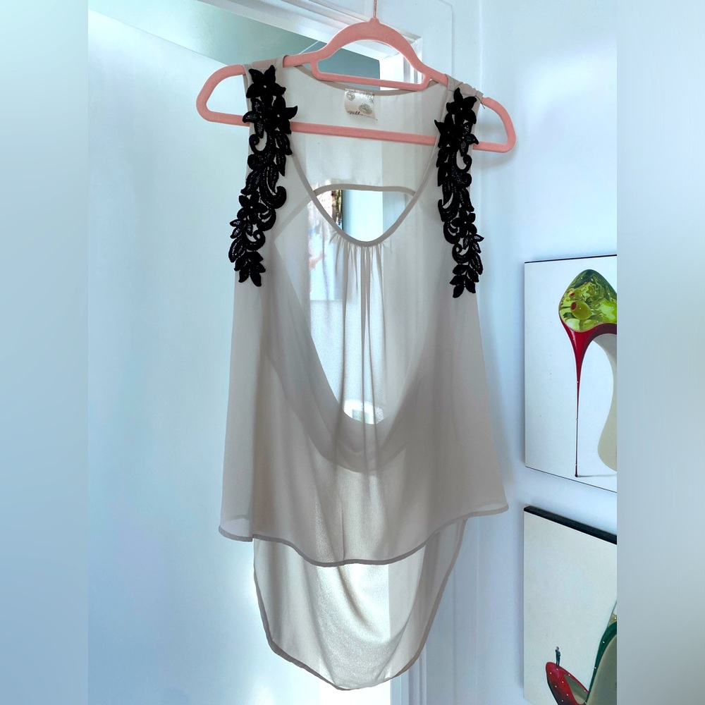 Sheer High-Low Tank with Embroidered Shoulder Detail